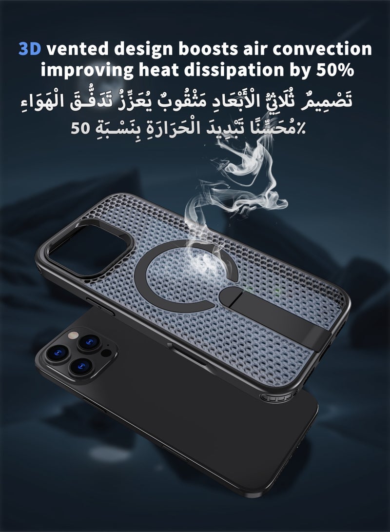 iPhone 16 Pro Max Cooling Case with 3D Dual Honeycomb Heat Dissipation, Magnetic MagSafe Ring  Metal Stand, Full-Body Precision-Raised Anti-Drop Protection - Black (1-Pack) - Image 2