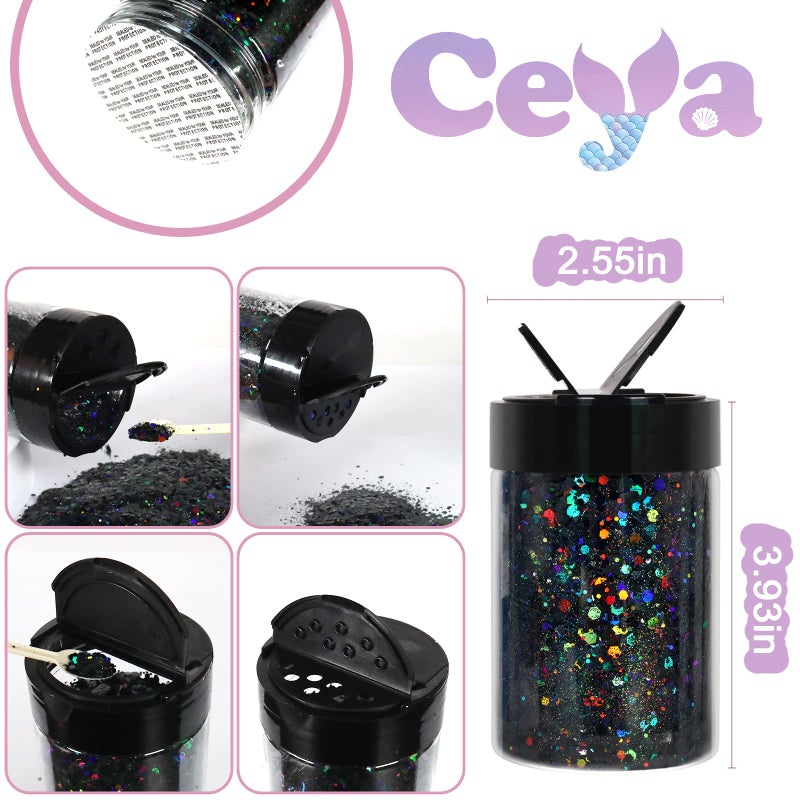 Ceya Holographic Chunky Glitter, 4.9oz/ 140g Black Craft Glitter Powder Mixed Chunky Fine Flakes Iridescent Nail Sequins for Nail Art, Hair, Epoxy Resin, Tumblers, Slime, Painting, Festival Decor - Image 4