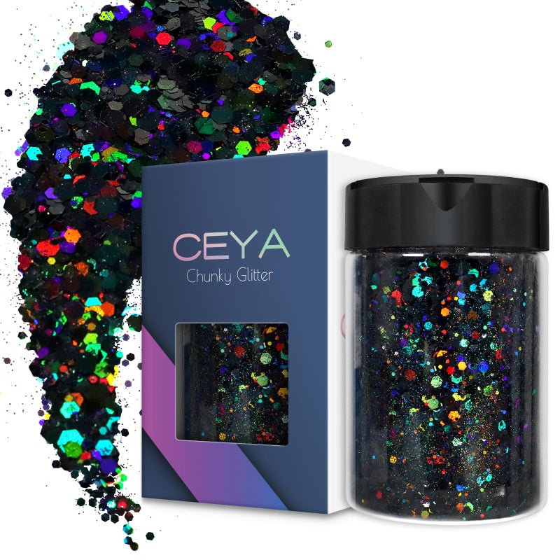 Ceya Holographic Chunky Glitter, 4.9oz/ 140g Black Craft Glitter Powder Mixed Chunky Fine Flakes Iridescent Nail Sequins for Nail Art, Hair, Epoxy Resin, Tumblers, Slime, Painting, Festival Decor - Image 1