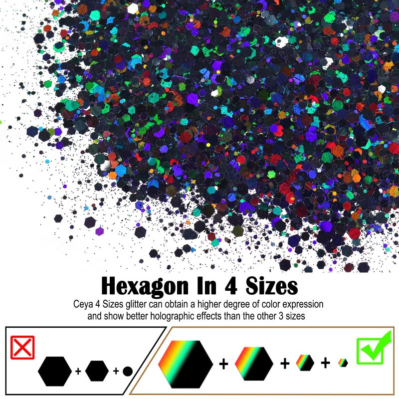 Ceya Holographic Chunky Glitter, 4.9oz/ 140g Black Craft Glitter Powder Mixed Chunky Fine Flakes Iridescent Nail Sequins for Nail Art, Hair, Epoxy Resin, Tumblers, Slime, Painting, Festival Decor - Image 2
