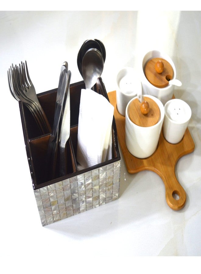Tranquil Square | Handcrafted | Premium Finish | White and Grey Four Rack Wooden Cutlery Stand | - Image 5