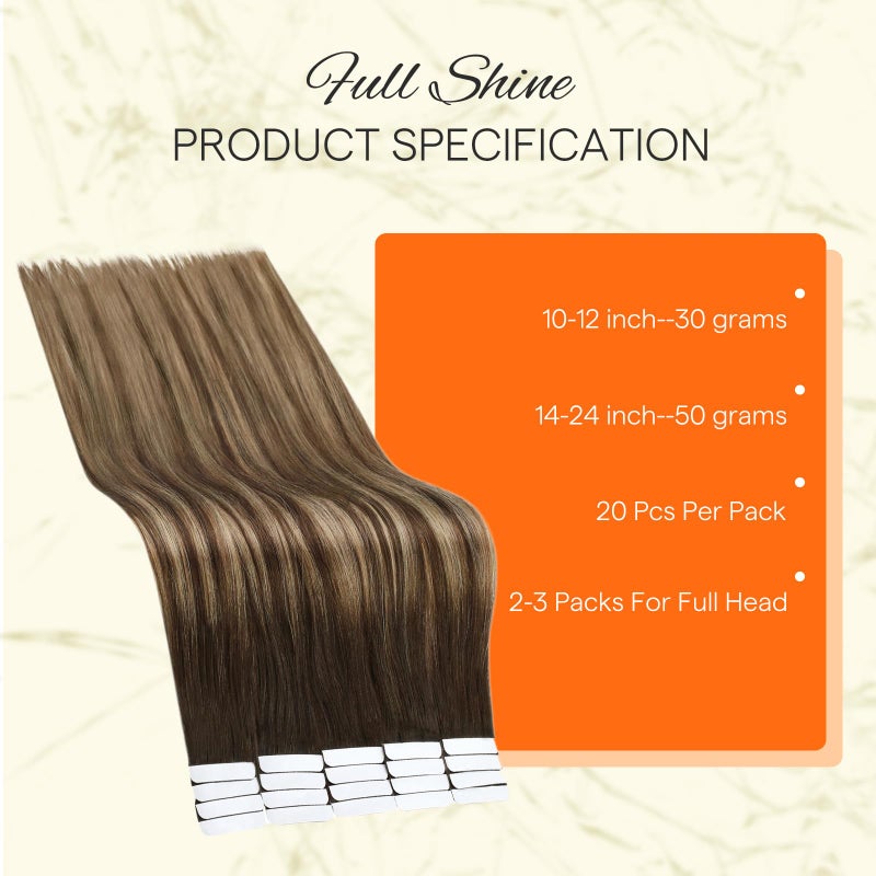 Fshine Full Shine Tape in Hair Extensions Human Hair Remy Hair 18 Inch Tape Extensions Color 2 Fading to 3 and 27 Caramel Blonde Balayage 50g Human Hair Extensions Tape Ins 20 PCS for Party - Image 3