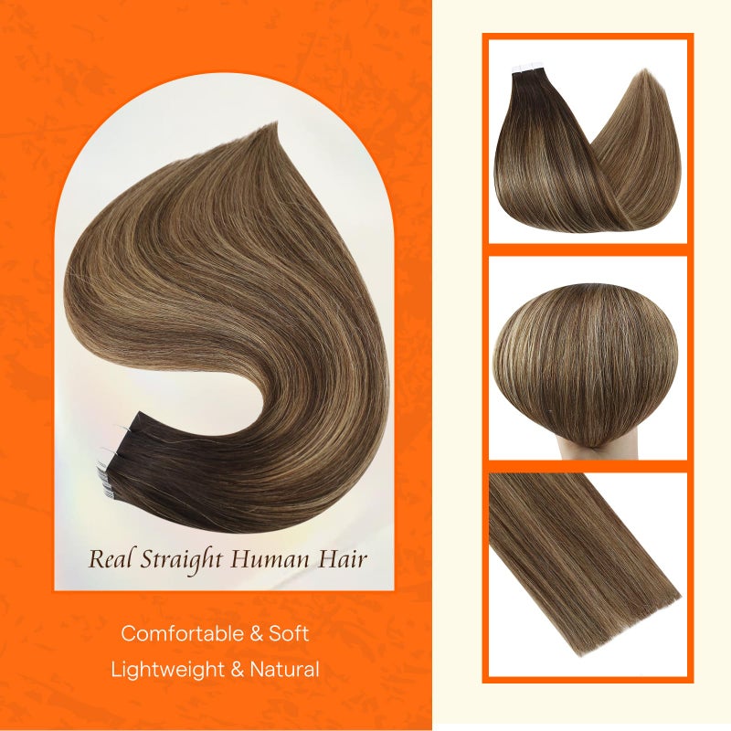 Fshine Full Shine Tape in Hair Extensions Human Hair Remy Hair 18 Inch Tape Extensions Color 2 Fading to 3 and 27 Caramel Blonde Balayage 50g Human Hair Extensions Tape Ins 20 PCS for Party - Image 2