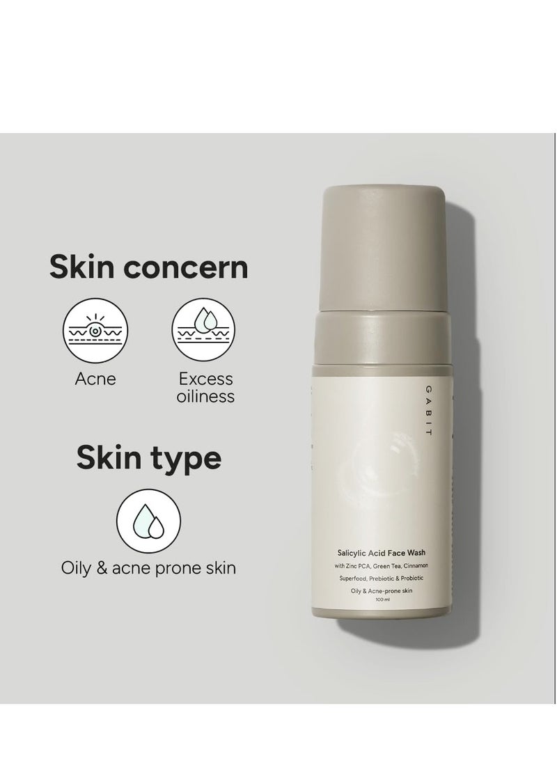 Gabit Salicylic Acid Face Wash for Oily, Acne Prone Skin | Deeply Cleanse Pores, Exfoliates & Non-drying | Green Tea, ProVitamin B5, Zinc PCA | For Men & Women | Free of Sulphates, Soap & Oil | 100 ml