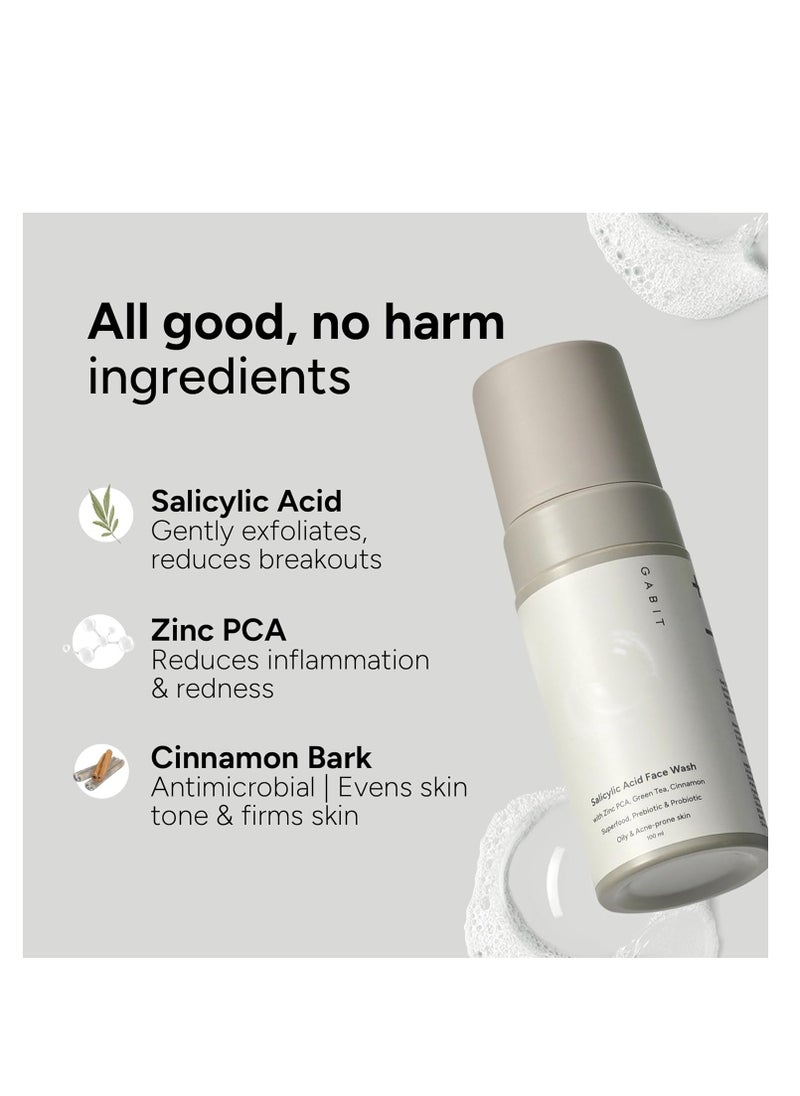 Gabit Salicylic Acid Face Wash for Oily, Acne Prone Skin | Deeply Cleanse Pores, Exfoliates & Non-drying | Green Tea, ProVitamin B5, Zinc PCA | For Men & Women | Free of Sulphates, Soap & Oil | 100 ml