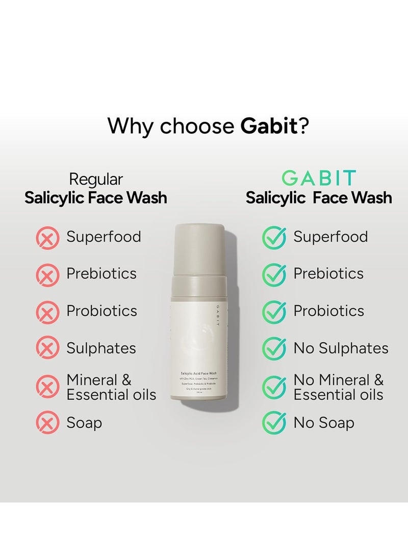 Gabit Salicylic Acid Face Wash for Oily, Acne Prone Skin | Deeply Cleanse Pores, Exfoliates & Non-drying | Green Tea, ProVitamin B5, Zinc PCA | For Men & Women | Free of Sulphates, Soap & Oil | 100 ml