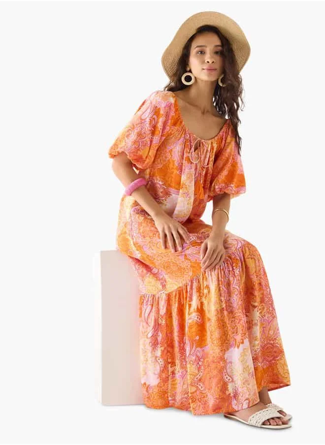 فاف Paisley Print A-line Maxi Dress with Short Sleeves