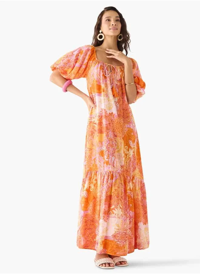 FAV Paisley Print A-line Maxi Dress with Short Sleeves