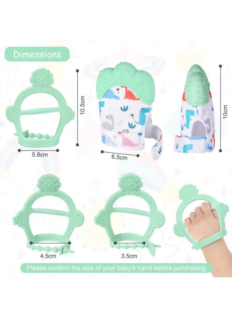 Mr. Penda 2Pcs Silicone Teething Mitten Set, Baby Teething Toy with Lion & Dinosaur Pattern, Toddler Teething Gloves with Adjustable Strap, Crinkle Sound, Self Soothing Baby Chew Toys for Infants (Green)  - Image 2