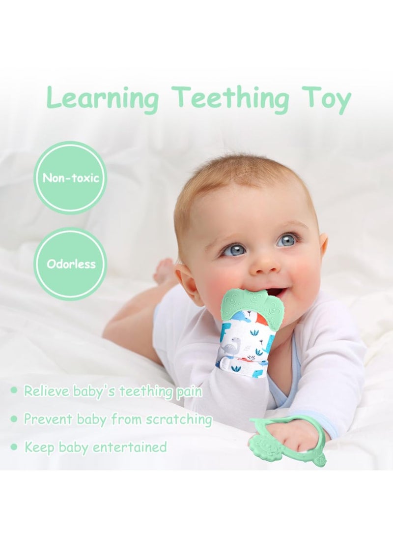 Mr. Penda 2Pcs Silicone Teething Mitten Set, Baby Teething Toy with Lion & Dinosaur Pattern, Toddler Teething Gloves with Adjustable Strap, Crinkle Sound, Self Soothing Baby Chew Toys for Infants (Green)  - Image 3