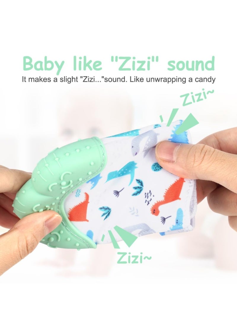 Mr. Penda 2Pcs Silicone Teething Mitten Set, Baby Teething Toy with Lion & Dinosaur Pattern, Toddler Teething Gloves with Adjustable Strap, Crinkle Sound, Self Soothing Baby Chew Toys for Infants (Green)  - Image 5