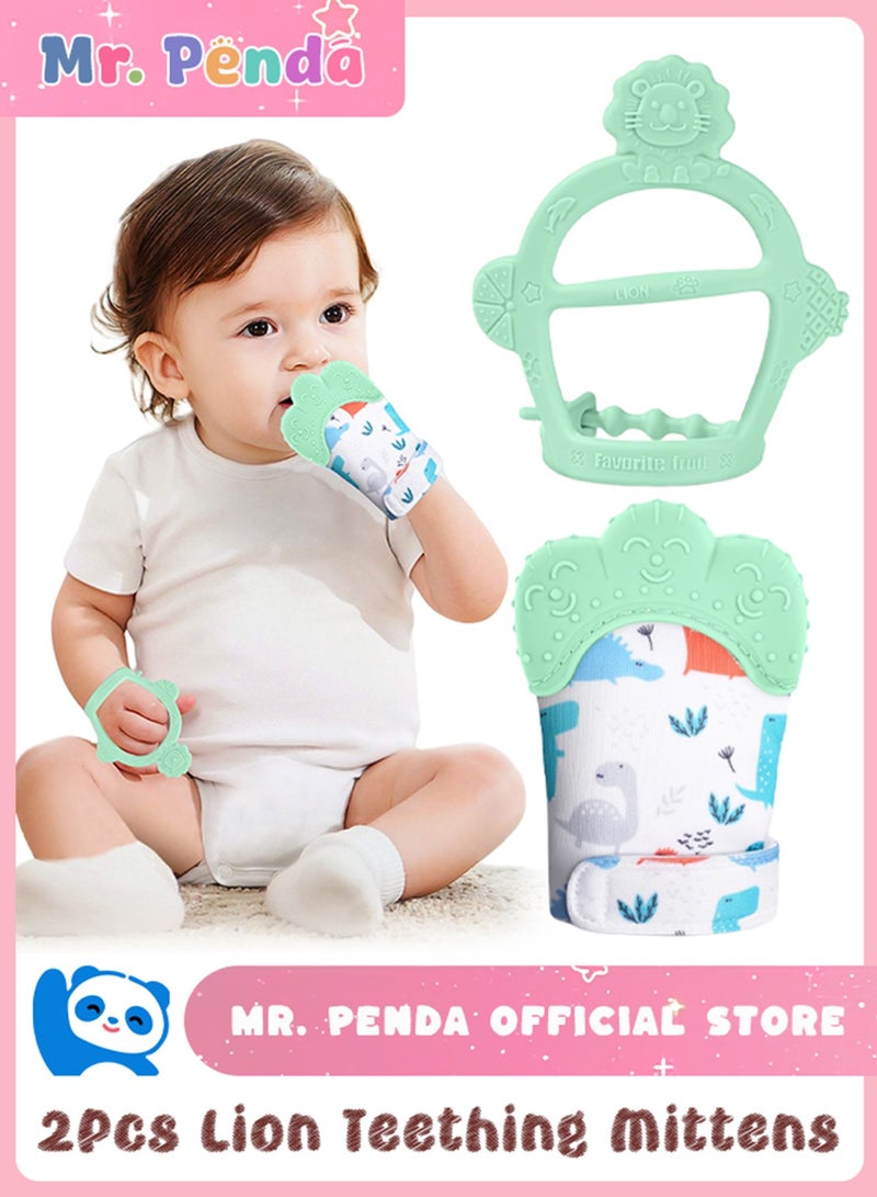 Mr. Penda 2Pcs Silicone Teething Mitten Set, Baby Teething Toy with Lion & Dinosaur Pattern, Toddler Teething Gloves with Adjustable Strap, Crinkle Sound, Self Soothing Baby Chew Toys for Infants (Green)  - Image 1