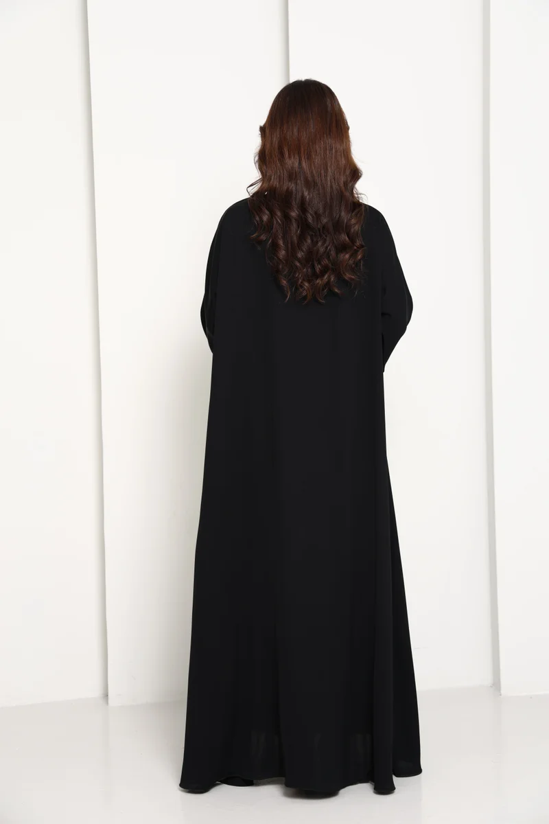 MSquare Fashion  Jet Black Open Abaya with  Contrast Thread Work Front Panels and Sleeves for Women | Best Price UAE