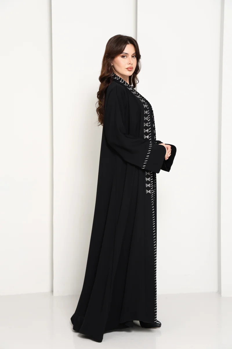 MSquare Fashion Jet Black Open Abaya with  Contrast Thread Work Front Panels and Sleeves