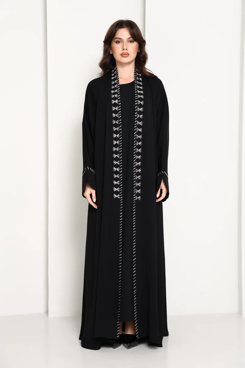 Jet Black Open Abaya with  Contrast Thread Work Front Panels and Sleeves