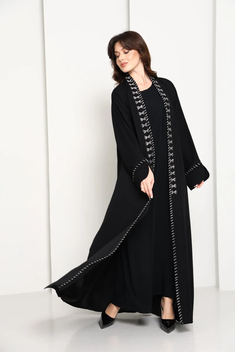 MSquare Fashion  Jet Black Open Abaya with  Contrast Thread Work Front Panels and Sleeves for Women | Best Price UAE