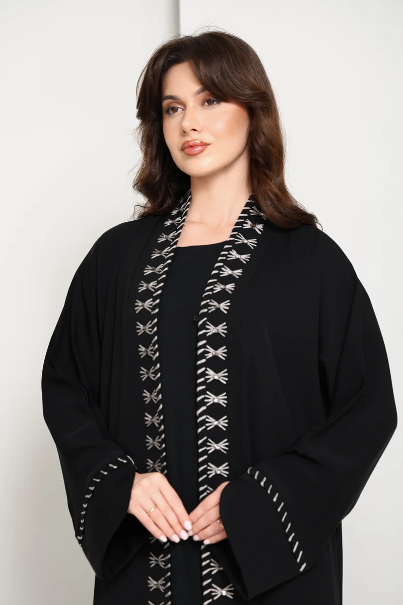 MSquare Fashion  Jet Black Open Abaya with  Contrast Thread Work Front Panels and Sleeves for Women | Best Price UAE