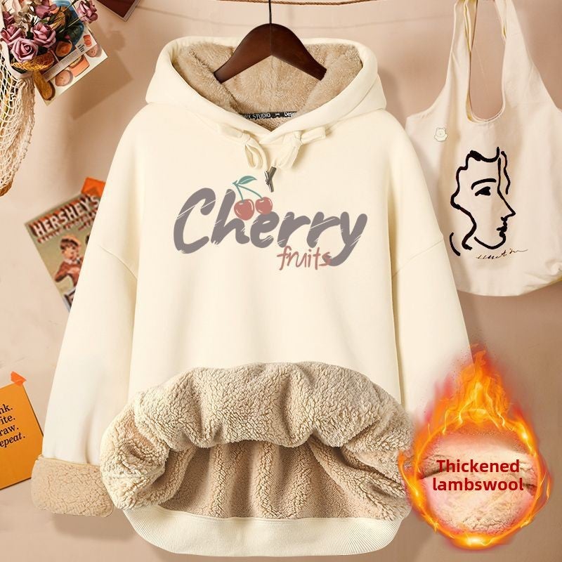Lambskin Sweatshirt Women 2024 New Hooded Winter Top Women Autumn and Winter Thick Coat Winter fleece-lined Thick Beige (fruit fishing) lamb fleece