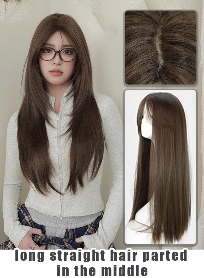 Straight long wig with middle part and bangs wig for women - Image 1