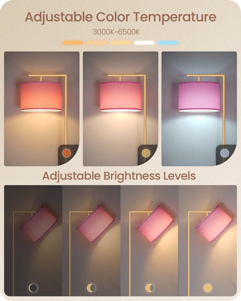 GOEBLESON Modern Gold Arc Floor Lamp, Corner Tall Lamp with Remote, Arched Reading Light with Fabric Shade, Floor Lighting for Living Room, Bedroom, Office, Study, Pink, LED Bulb Included, DP11LD05 - Image 2