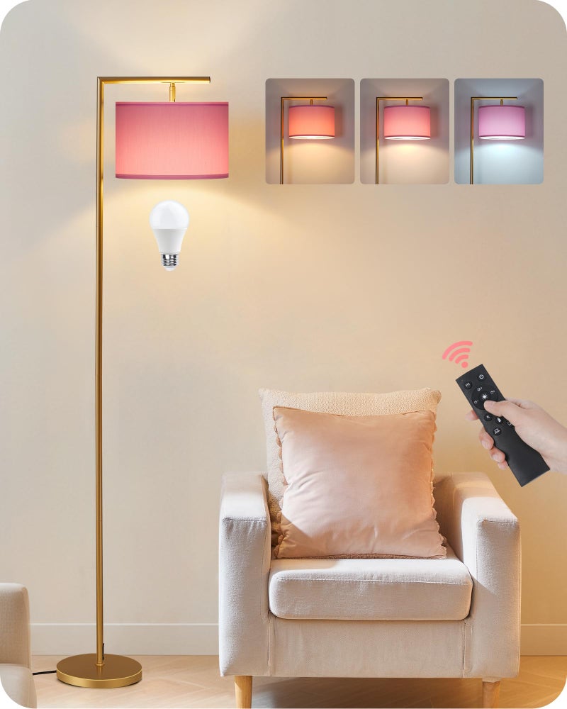 GOEBLESON Modern Gold Arc Floor Lamp, Corner Tall Lamp with Remote, Arched Reading Light with Fabric Shade, Floor Lighting for Living Room, Bedroom, Office, Study, Pink, LED Bulb Included, DP11LD05 - Image 1