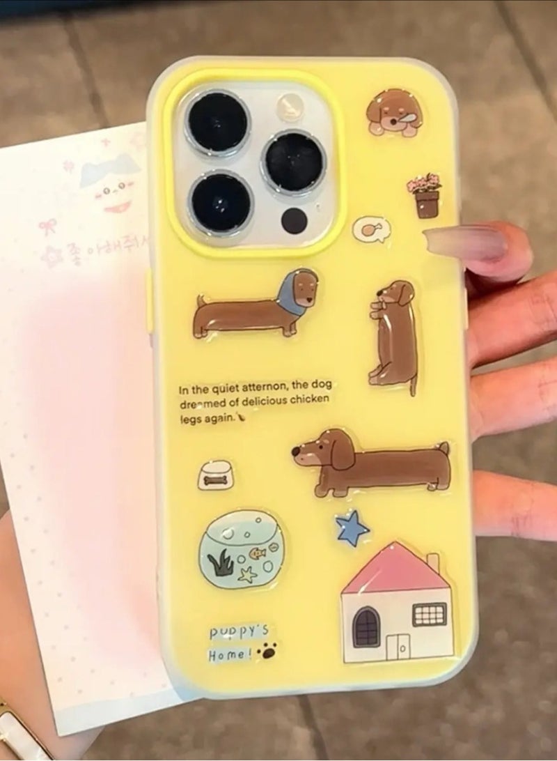 NIBEMINENT 3D Sticker Sausage Dog Protective TPU Case Cover For iPhone 14 Pro Max, Yellow