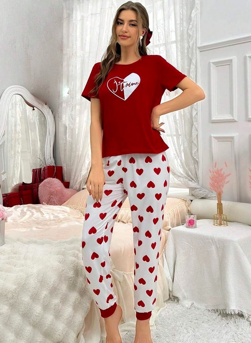 Elegant women's pajama set with red heart print - Image 1