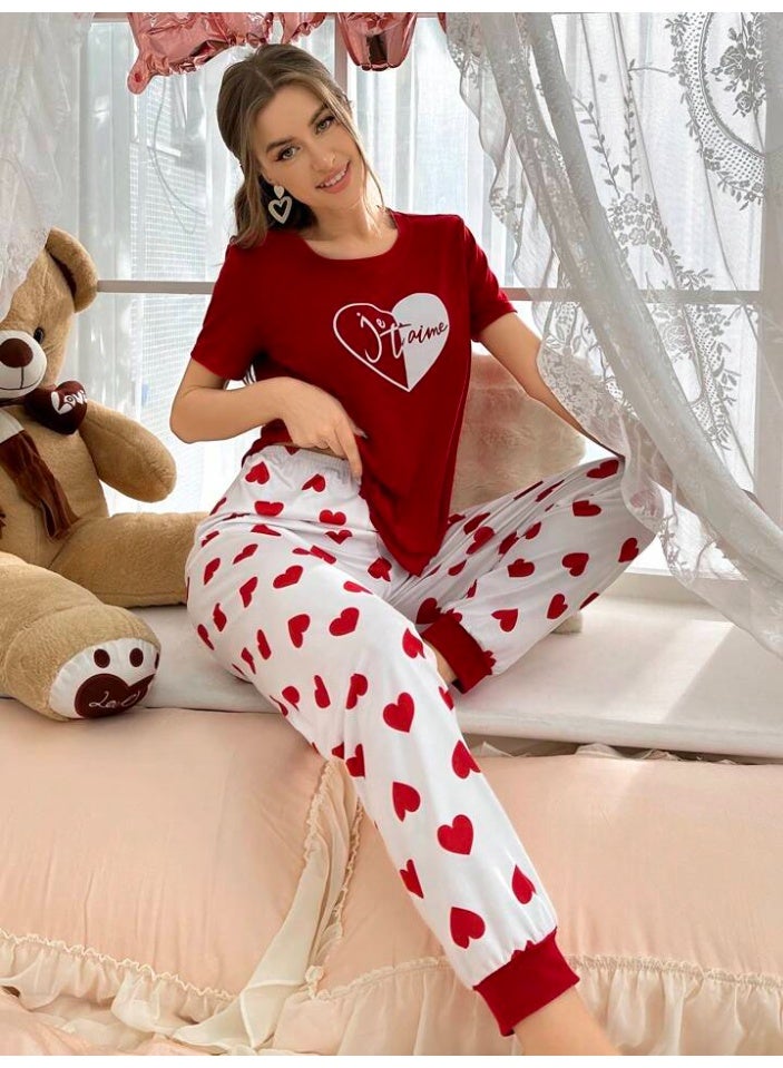 Elegant women's pajama set with red heart print - Image 5