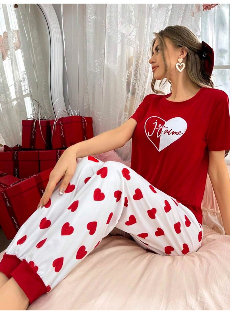 Elegant women's pajama set with red heart print - Image 4