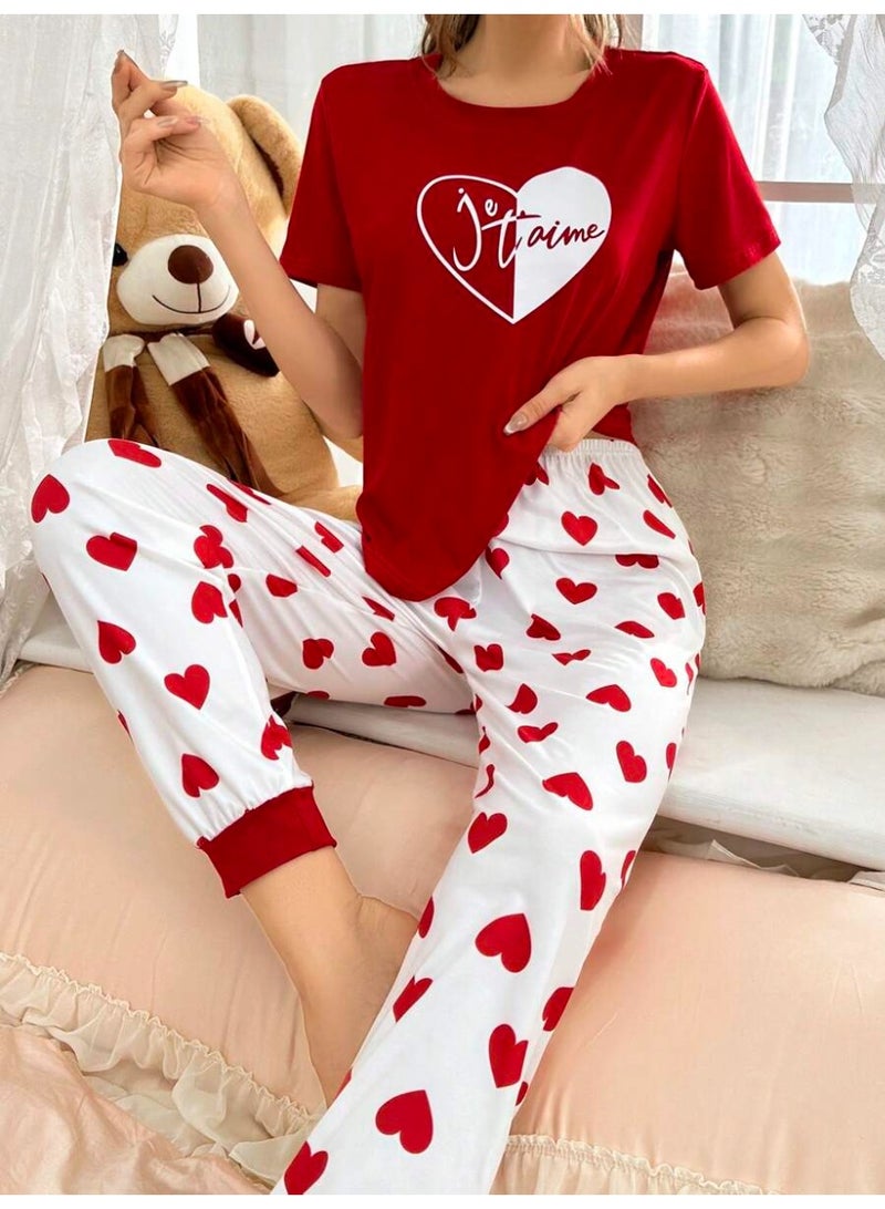 Elegant women's pajama set with red heart print - Image 2