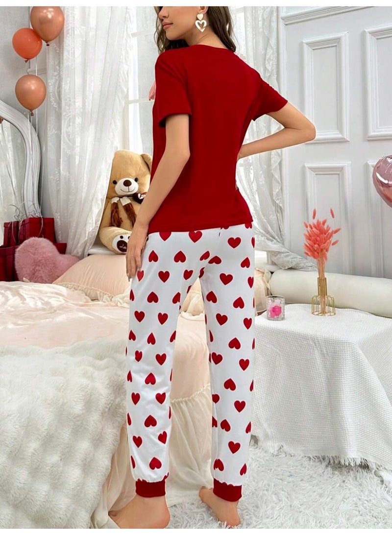 Elegant women's pajama set with red heart print - Image 3