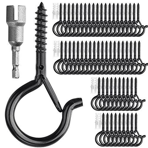 PlusRoc 60 Pack Christmas Light Hooks For Outside String Light Hanger Clips, Outdoor Eye Hook Q-Hanger Screw in Hooks For Hanging, 2.2 Inch Black Cup Hook, Patio Wall Wood Ceiling Deck Fence Mount - Image 1
