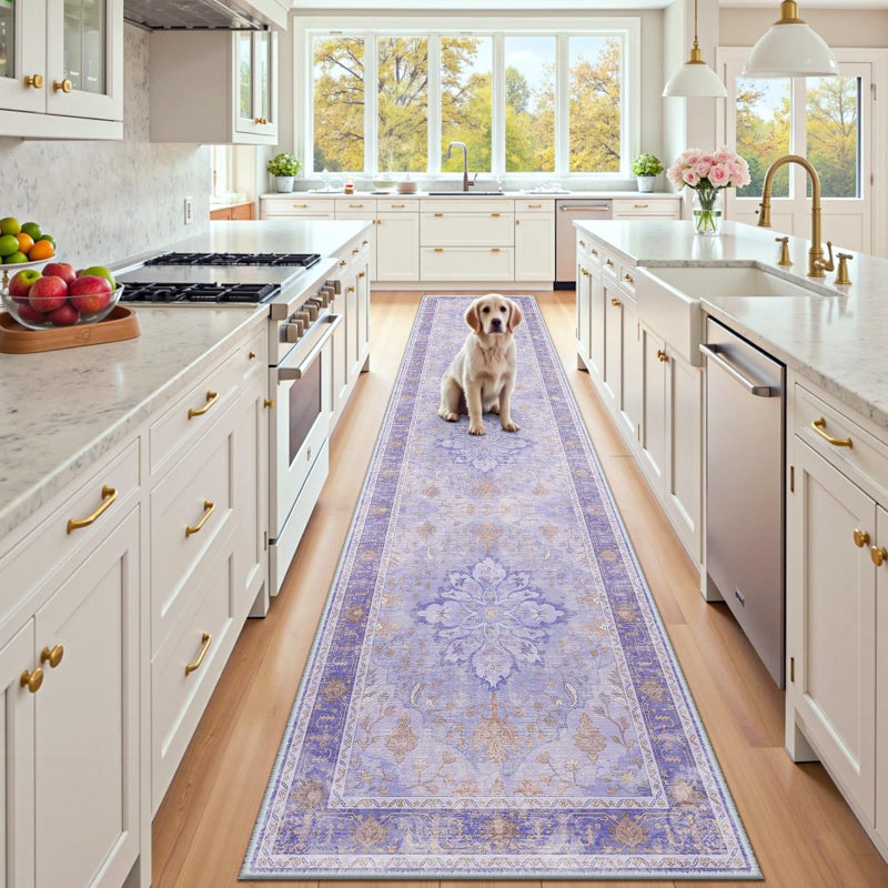 RELEANY Area Rugs 2'x10' Washable Non-Slip  Floral Vintage Distress Print Pattern Medallion Carpet for Living Room Bedroom Dining Room  Light Purple Brown - Image 1