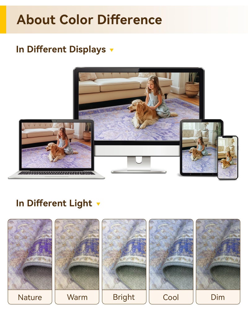 RELEANY Area Rugs 2'x10' Washable Non-Slip  Floral Vintage Distress Print Pattern Medallion Carpet for Living Room Bedroom Dining Room  Light Purple Brown - Image 5