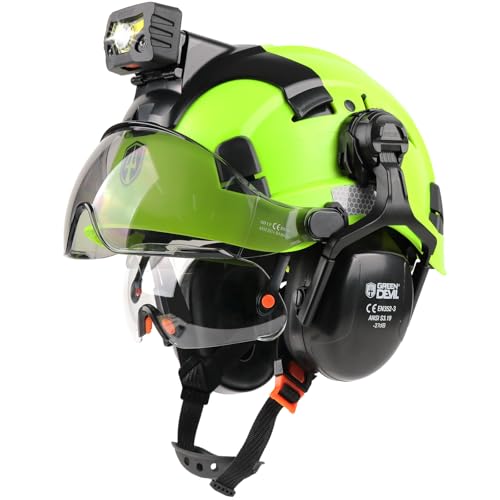 GREEN DEVIL خوذة أمان خضراء شيطانية مع مصباح رأس قابل لإعادة الشحن وغطاء أذن معزول وفتحات عمل خوذة صلبة ANSI Z891 كاسكوس دي كونستروكسيون للصناعات الإنشائية والغابات - Image 1