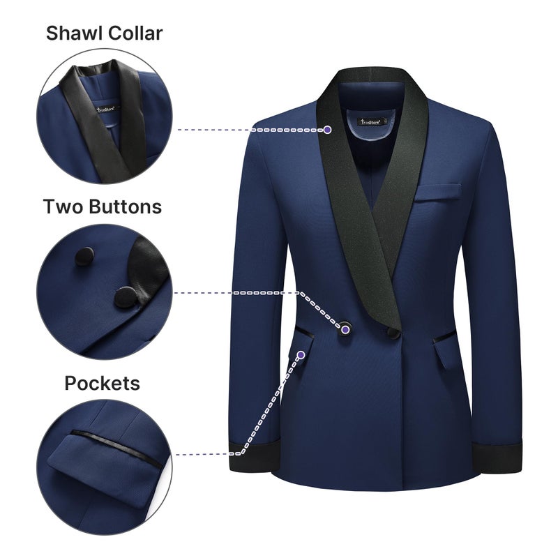 TRONSTORE Women's Pants Suit 2 Piece Set Smil Fit Jacket Shawl Sollar Blazer Dress for Women Navy M - Image 3