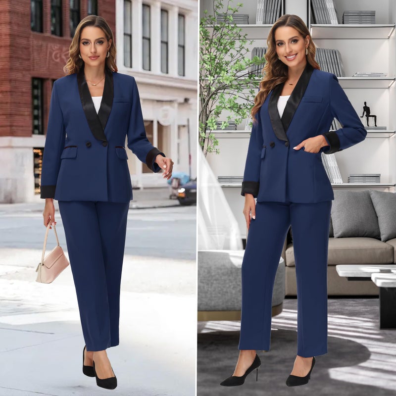 TRONSTORE Women's Pants Suit 2 Piece Set Smil Fit Jacket Shawl Sollar Blazer Dress for Women Navy M - Image 2