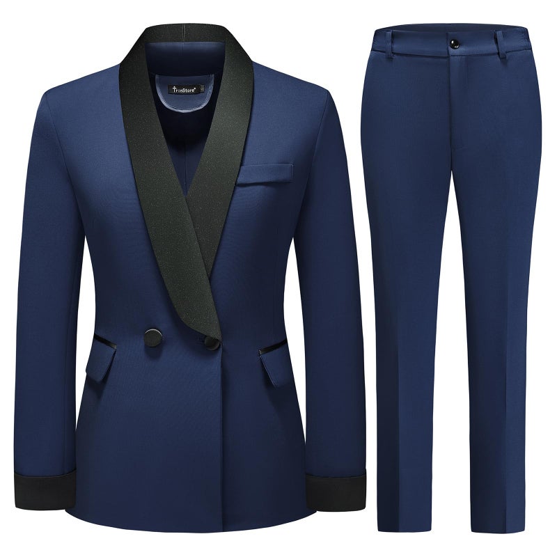 TRONSTORE Women's Pants Suit 2 Piece Set Smil Fit Jacket Shawl Sollar Blazer Dress for Women Navy M - Image 1