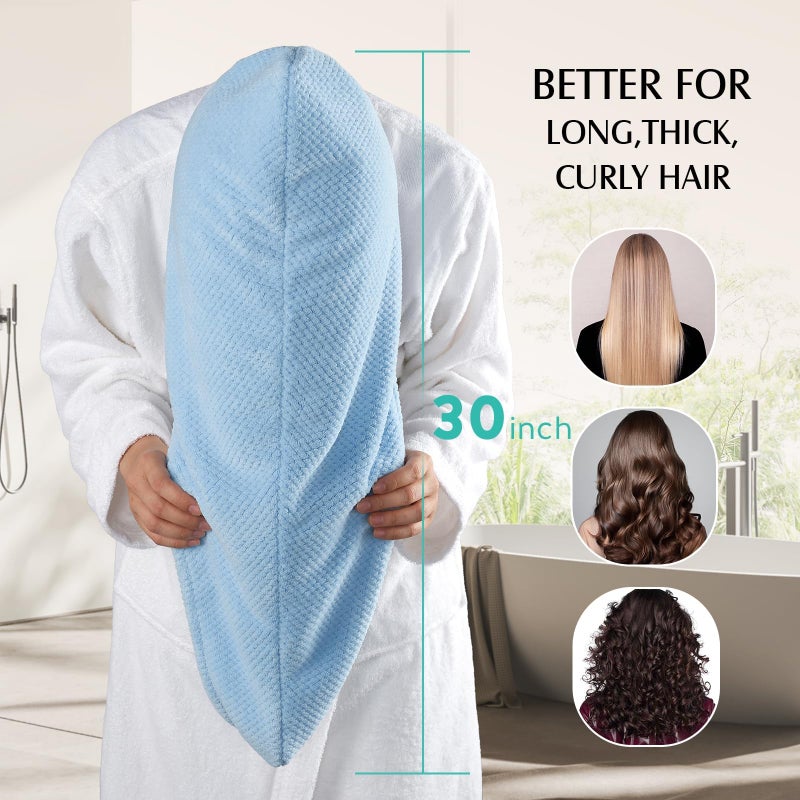 YFONG 3 Pack Large Microfiber Hair Towel Wrap, 30" x 10" Thicker Anti Frizz Quick Dry Hair Towels for Women Long, Curly, Thick Hair, Super Absorbent Hair Turban for Wet Hair (Grey, Pink, Blue) - Image 4