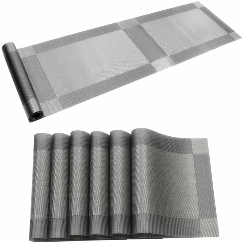 Placemat Stain Resistant PVC Table Mats NonSlip Coffee MatsCrossweave Woven Vinyl Heat Resistant Kitchen Tablemats for Dining Table SilverGray 6 placemats and 1 Table Runner