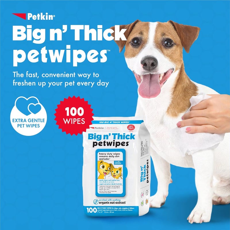 Petkin Big n' Thick Pet Wipes/Grooming Wipes for Dogs and Cats, mild Fragrance, Gentle Cleansing Formula, 100 Wipes - Image 2