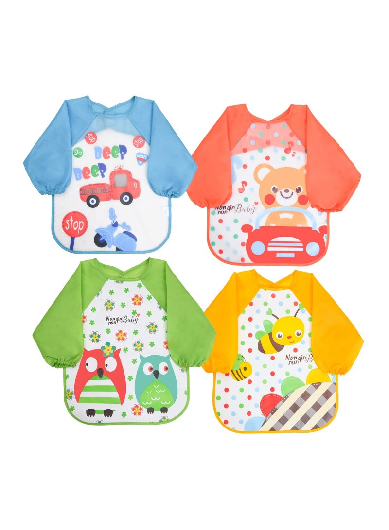 KASTWAVE Bibs with Sleeves, 4 Pcs EVA Baby Bib Waterproof Long Sleeve Bib Unisex Feeding Bibs Apron Lovely Cute Cartoon Bibs for Infant Toddler 6 Months to 3 Years Old - Image 1