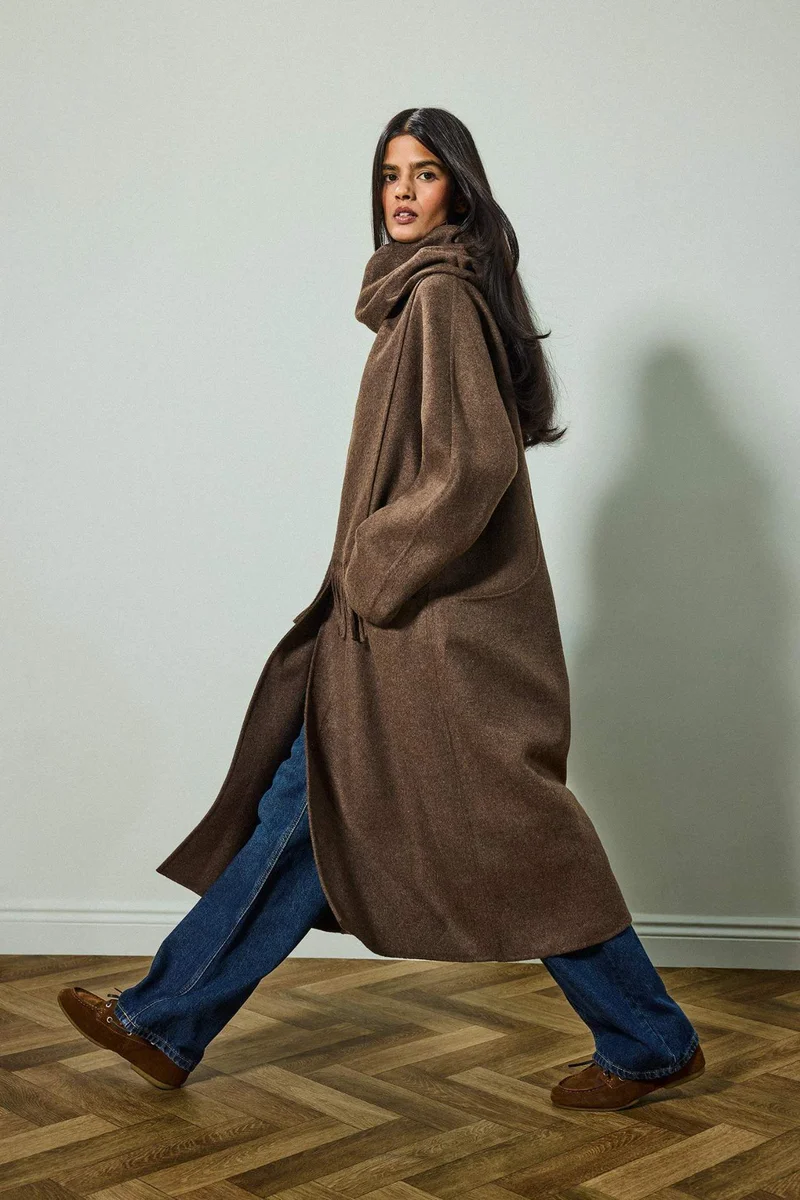 ديفاكتو Wool Blend Relax Fit Long Detachable Scarf Long Cachet Coat