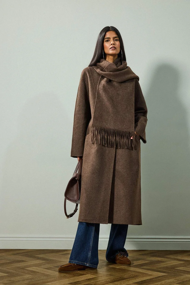 ديفاكتو Wool Blend Relax Fit Long Detachable Scarf Long Cachet Coat