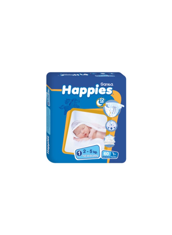 Happies Baby Diapers stretch NewBorn (size 1) 60 diapers 