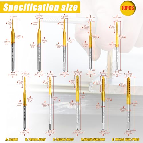 SMJXTOP 10pcs Micro Metric Taps Bits Set with 1Pc Tap Wrench,M1-M3.5 Mini Machine Screw Tap Set, Small Thread Screws Tapping Bits Tool - Image 2