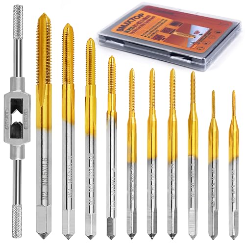 SMJXTOP 10pcs Micro Metric Taps Bits Set with 1Pc Tap Wrench,M1-M3.5 Mini Machine Screw Tap Set, Small Thread Screws Tapping Bits Tool - Image 1