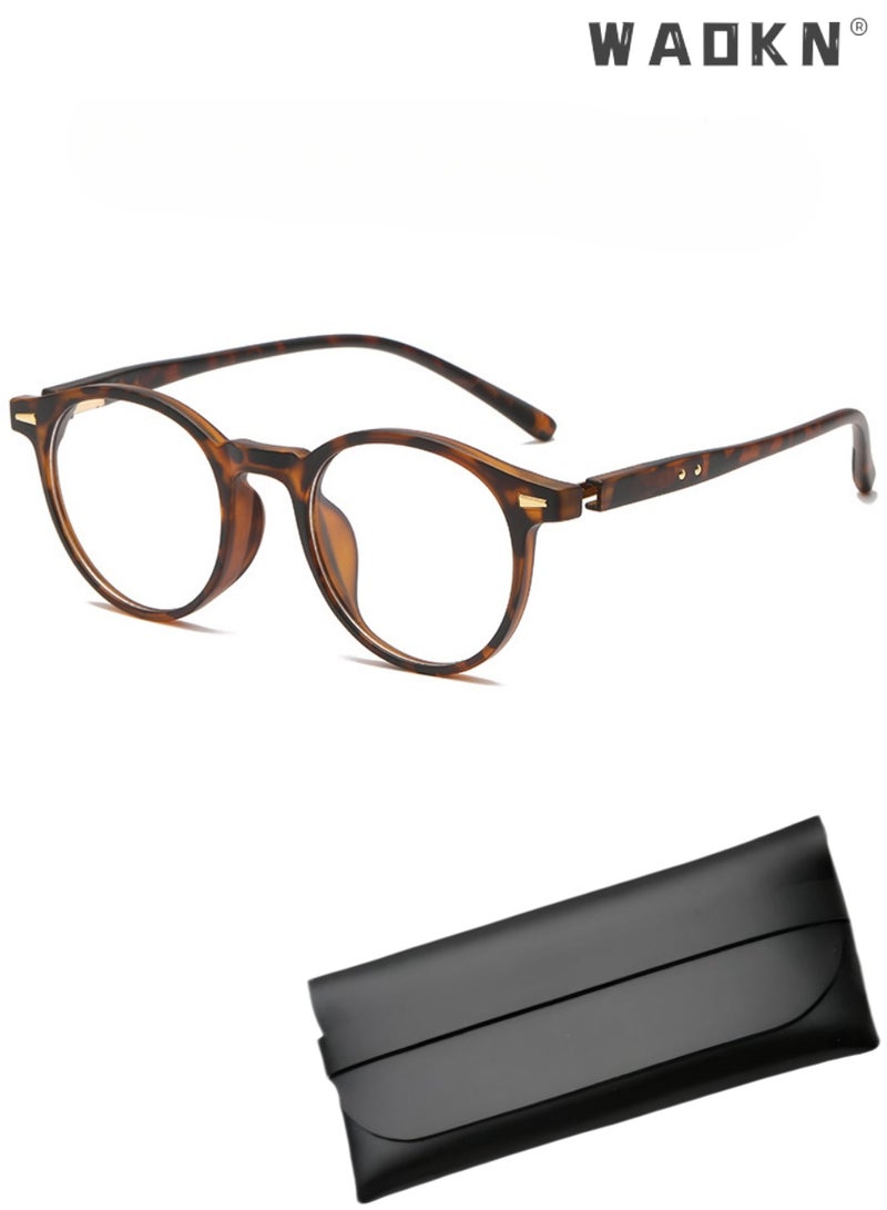 WAOKN Unisex Retro Round Blue Light Blocking GlassesAnti Blue Light, Sand Tortoiseshell TR90 Ultra-Light Frame Resin Lens Eyeglasses,Flattering Face-Slimming Effect, Prescription Friendly Anti Eyestrain Glasses for Office Commute Daily Wear - Image 1