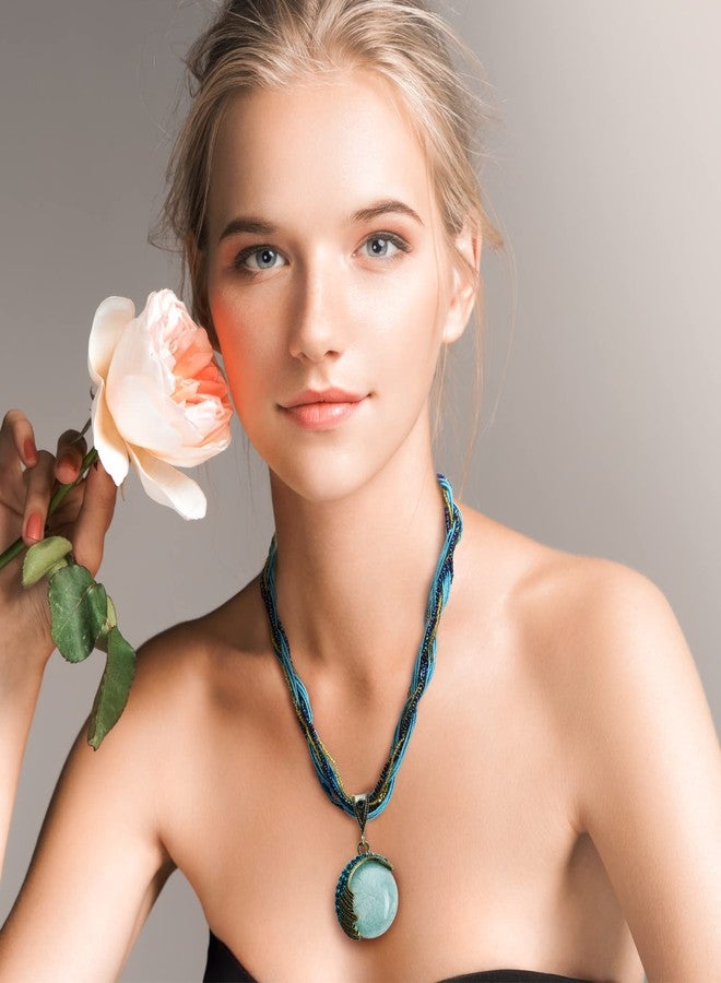 Inbagi 6 Pieces Women Bohemian Necklaces Turquoise Statement Valentine Necklaces Gifts Boho Twist Woven Rope Chunky Chain Turquoise Rhinestone Pendant Jewelry Vintage Collar Necklace for Ladies - Image 5