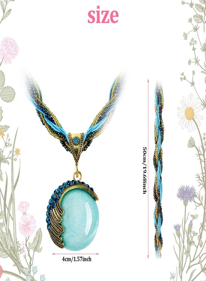 Inbagi 6 Pieces Women Bohemian Necklaces Turquoise Statement Valentine Necklaces Gifts Boho Twist Woven Rope Chunky Chain Turquoise Rhinestone Pendant Jewelry Vintage Collar Necklace for Ladies - Image 3